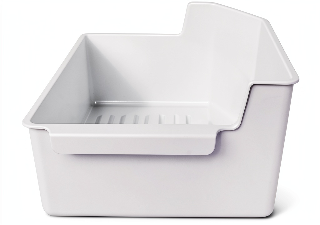 White plastic refrigerator ice bin replacement shown with dimensions
