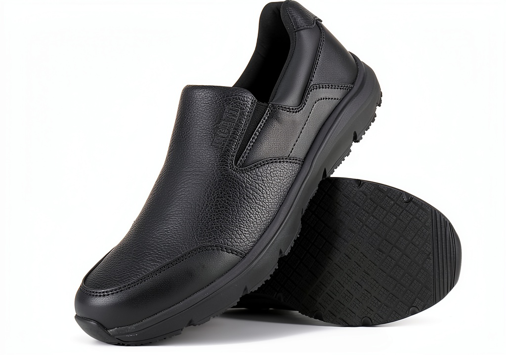 Jacata slip resistant work shoes in black mesh on a kitchen floor
