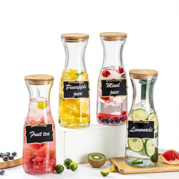 Glass Carafe Pitchers with Bamboo Lids by Facilfeliz 4‑Pack 1 Liter-2